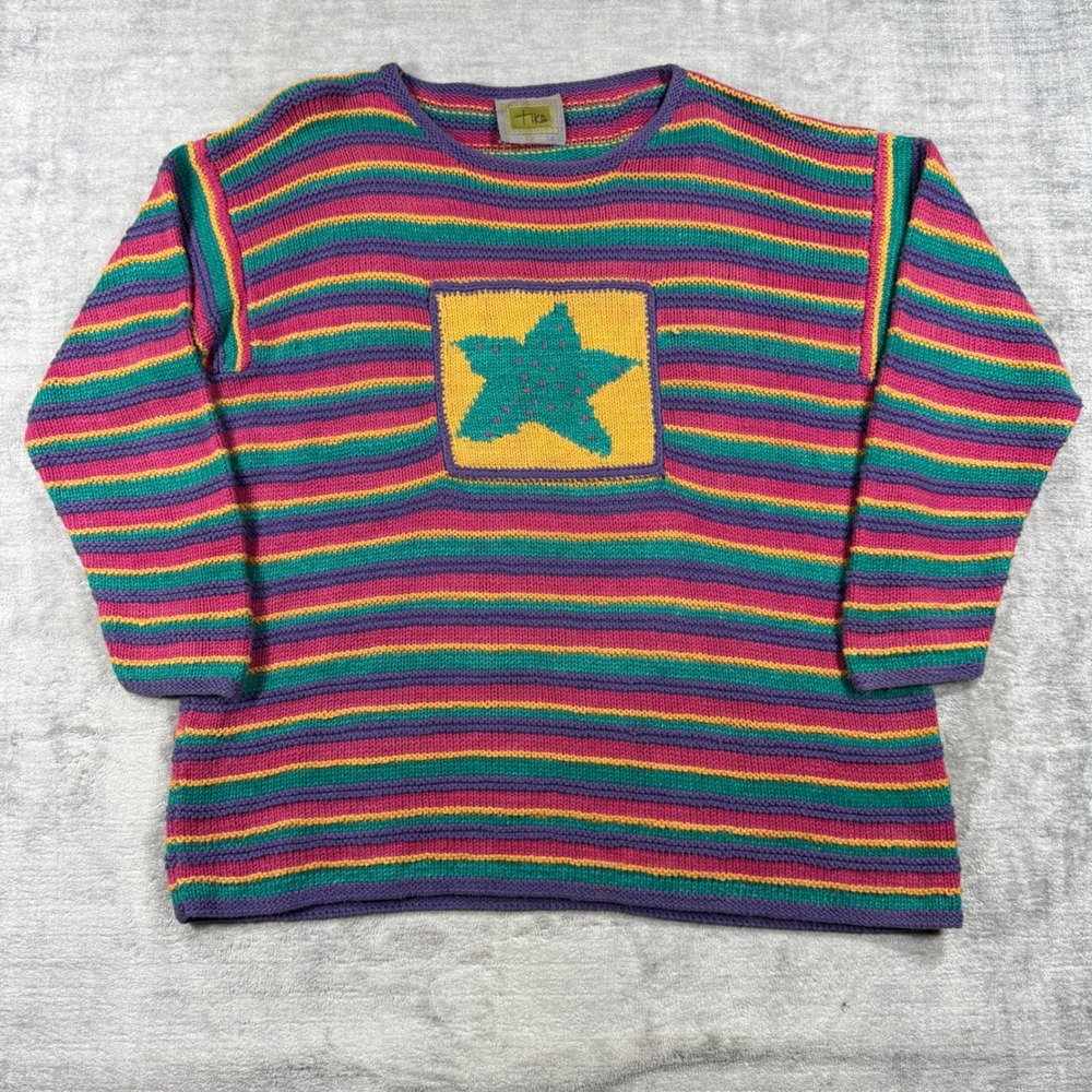 Tika Sweater Womens Large Multicolor Star Intarsia Striped Chunky Knit Boho